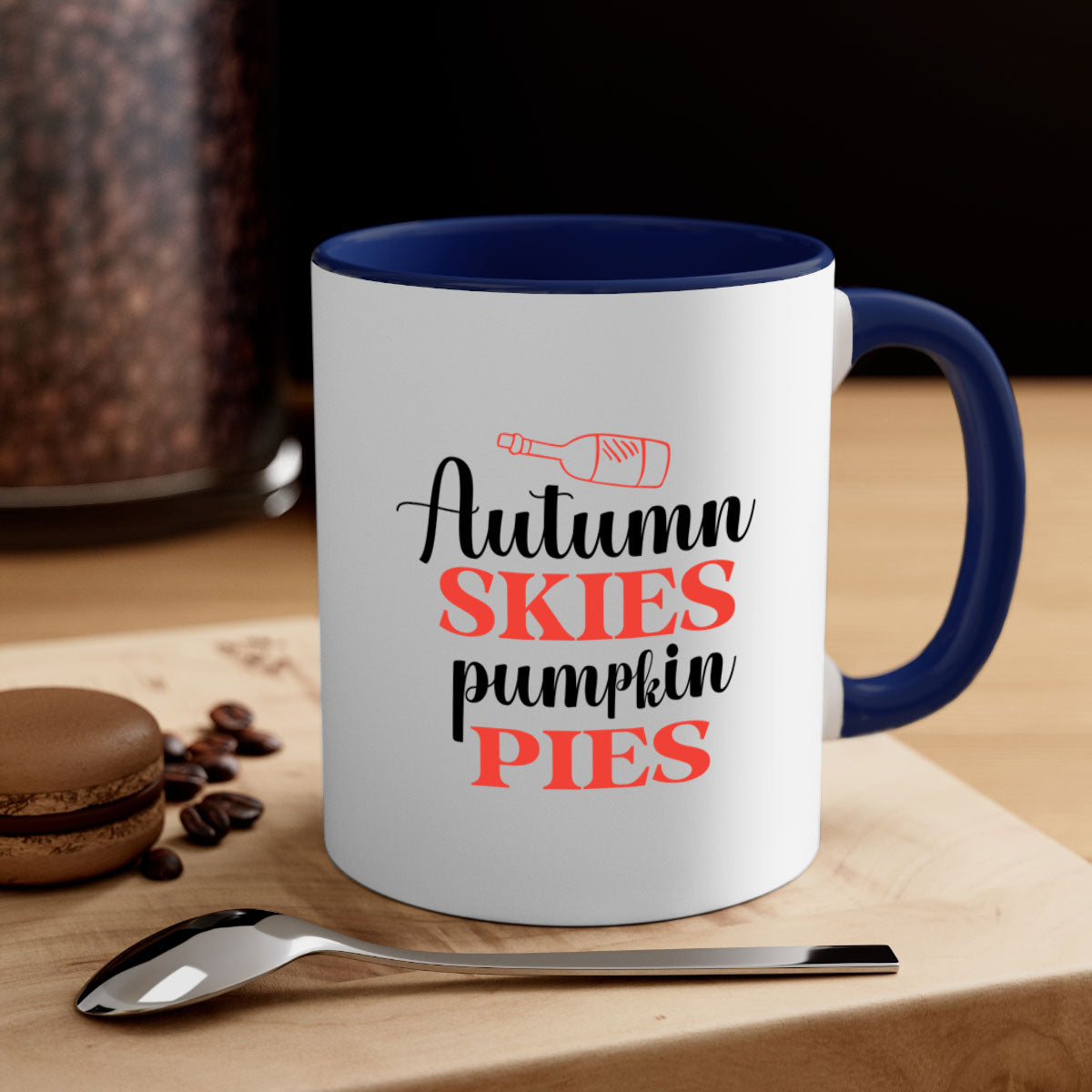 Autumn Skies Pumpkin Pies Mug featuring a two-tone design with a colored handle and glossy finish, perfect for fall beverages.