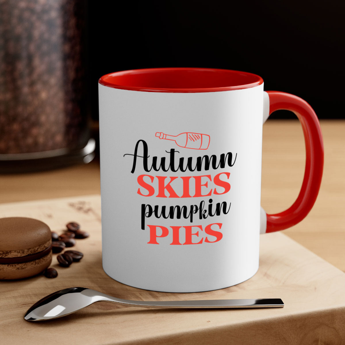 Autumn Skies Pumpkin Pies Mug featuring a two-tone design with a colored handle and glossy finish, perfect for fall beverages.