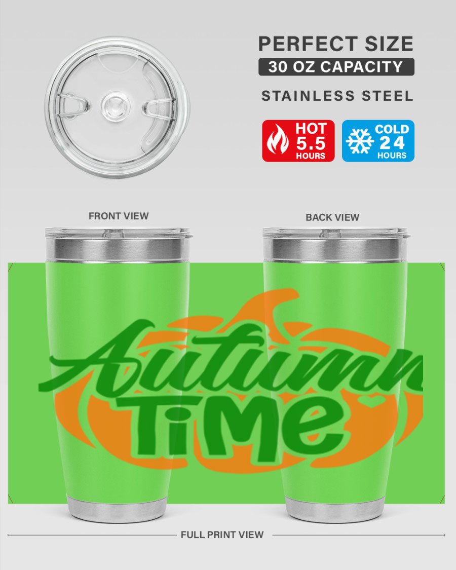 Autumn Time 34# Tumbler in vibrant autumn colors, showcasing its double wall stainless steel design and drink-thru lid.