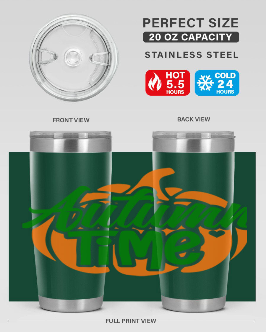 Autumn Time 34# Tumbler in vibrant autumn colors, showcasing its double wall stainless steel design and drink-thru lid.