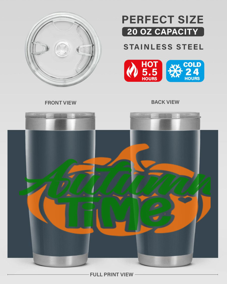 Autumn Time 34# Tumbler in vibrant autumn colors, showcasing its double wall stainless steel design and drink-thru lid.