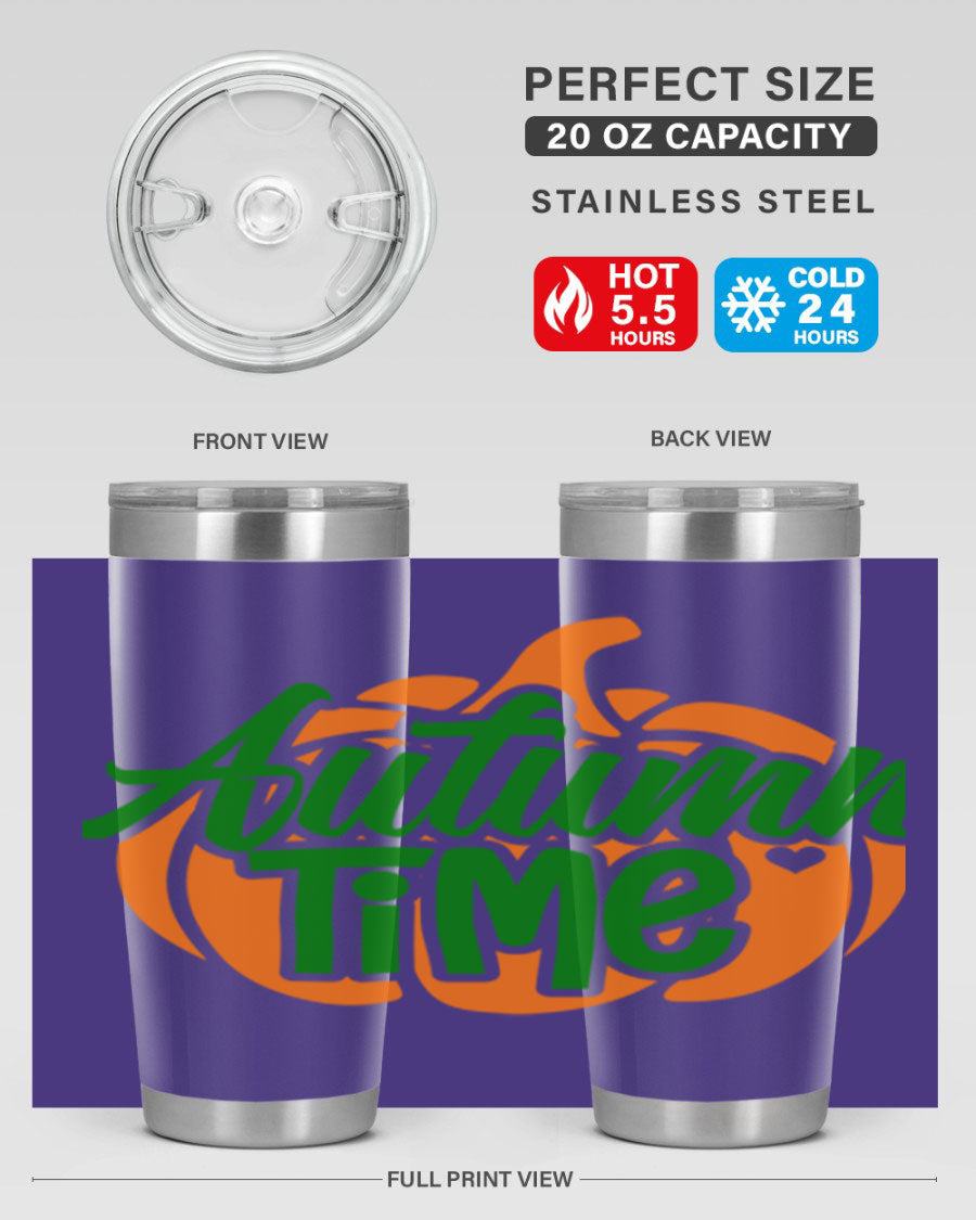 Autumn Time 34# Tumbler in vibrant autumn colors, showcasing its double wall stainless steel design and drink-thru lid.