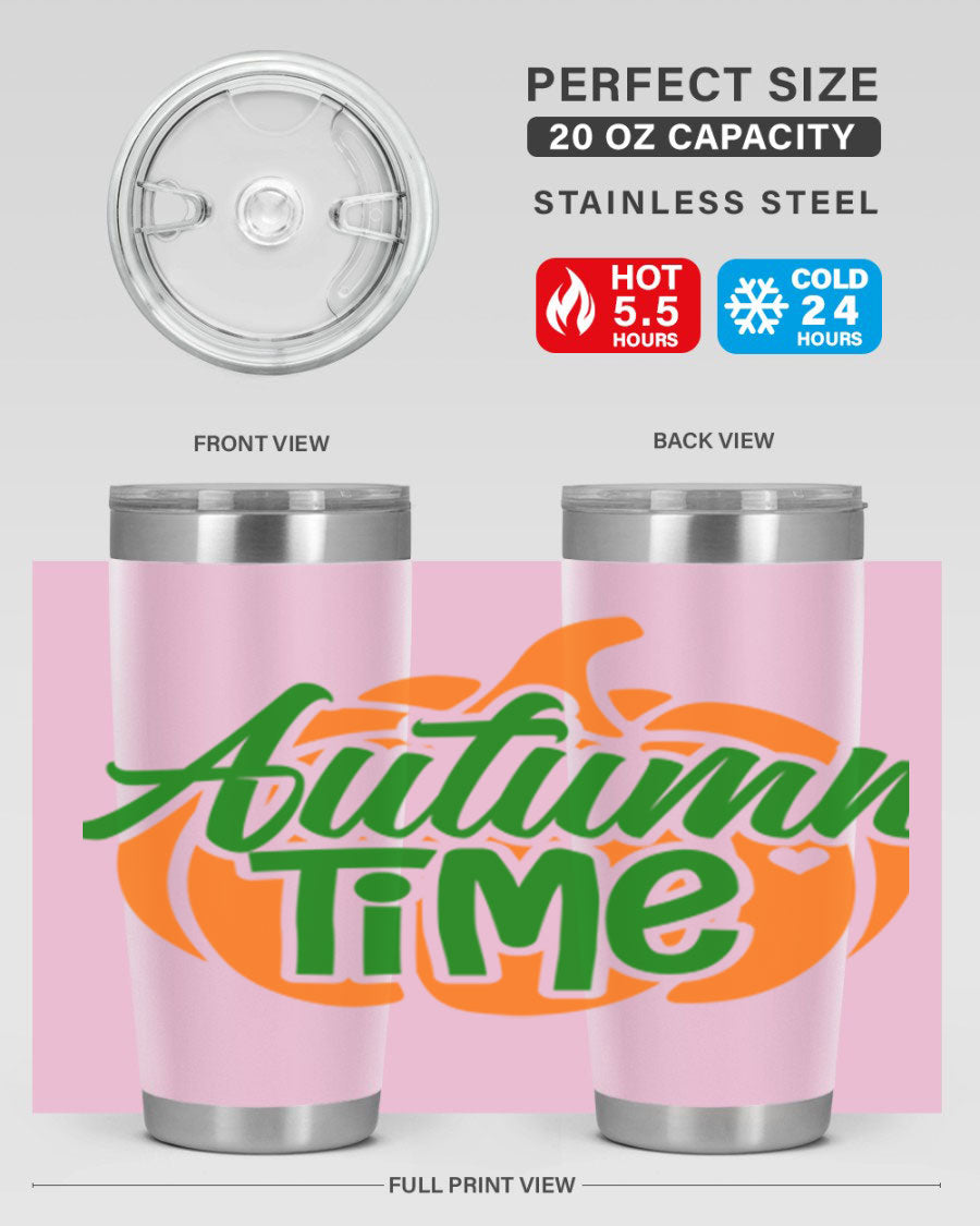 Autumn Time 34# Tumbler in vibrant autumn colors, showcasing its double wall stainless steel design and drink-thru lid.