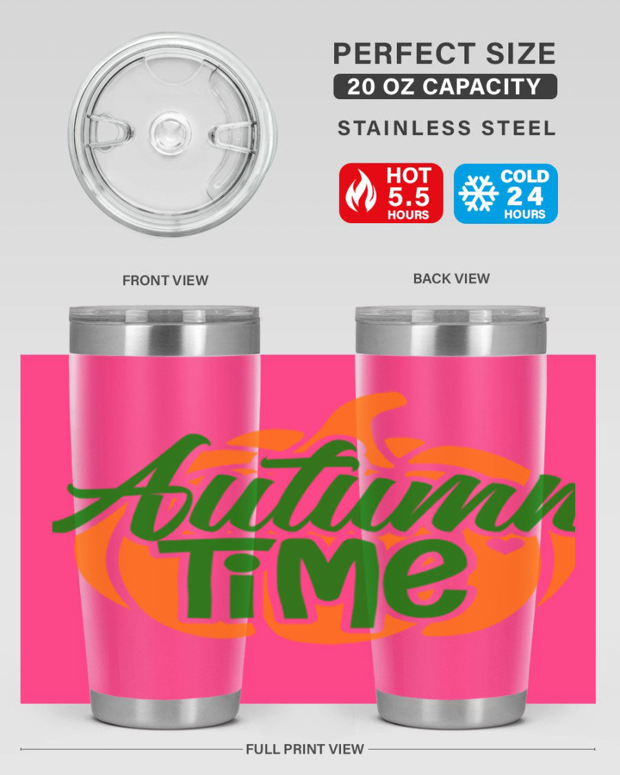 Autumn Time 34# Tumbler in vibrant autumn colors, showcasing its double wall stainless steel design and drink-thru lid.