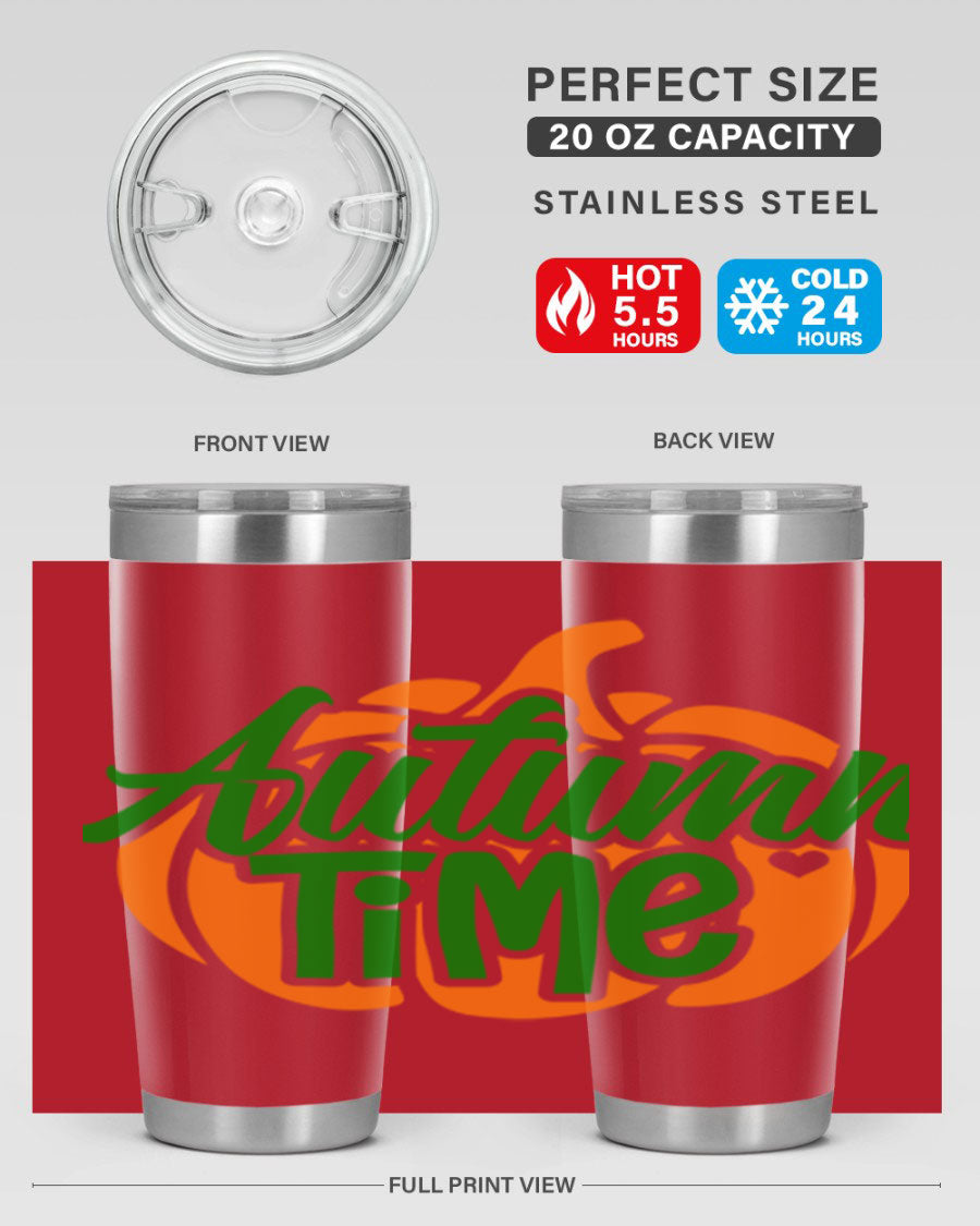 Autumn Time 34# Tumbler in vibrant autumn colors, showcasing its double wall stainless steel design and drink-thru lid.