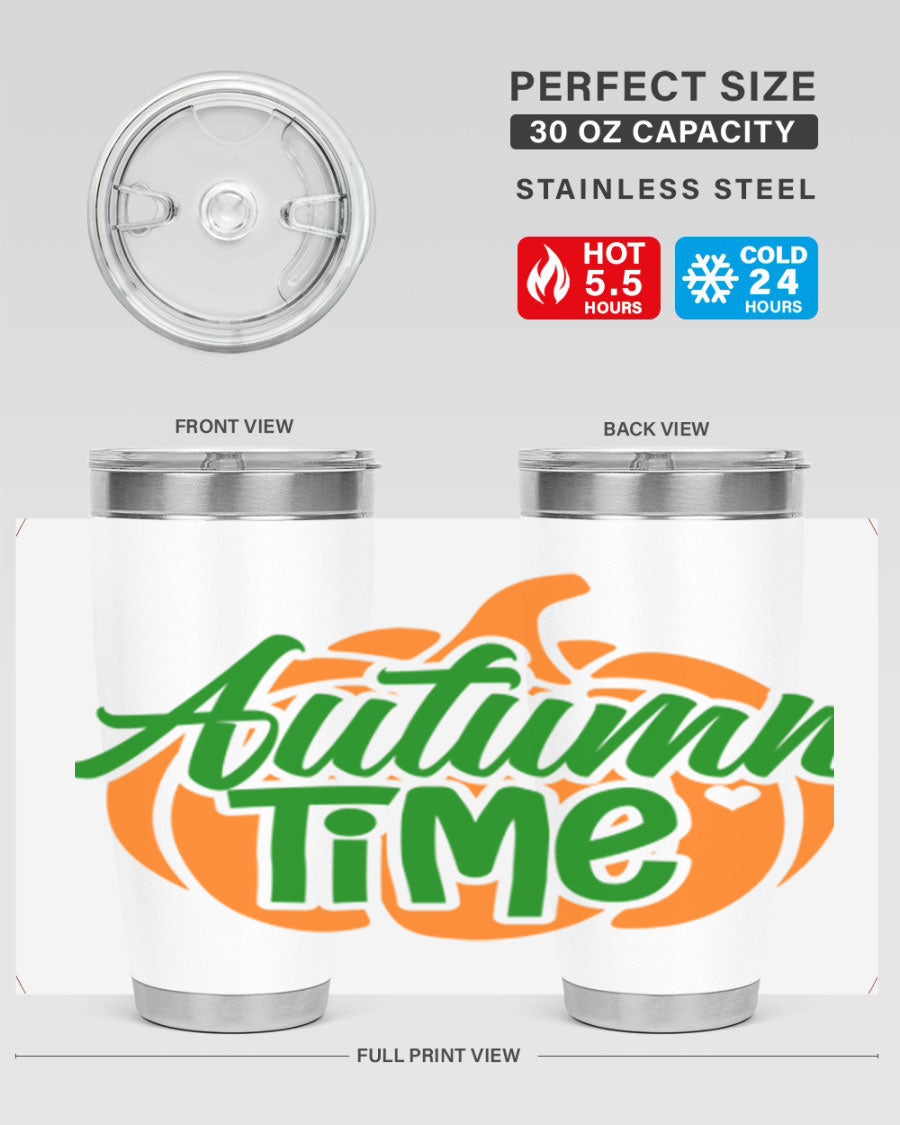 Autumn Time 34# Tumbler in vibrant autumn colors, showcasing its double wall stainless steel design and drink-thru lid.