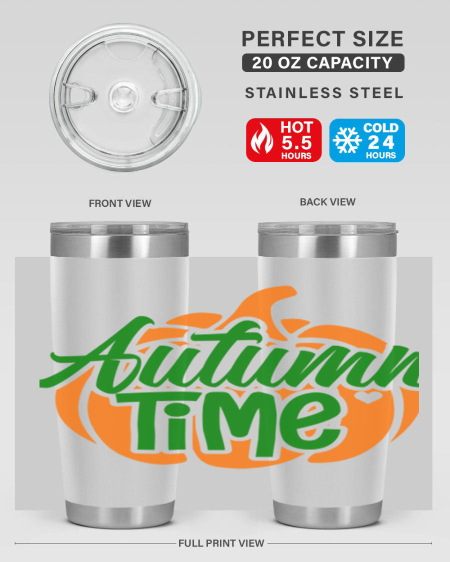 Autumn Time 34# Tumbler in vibrant autumn colors, showcasing its double wall stainless steel design and drink-thru lid.