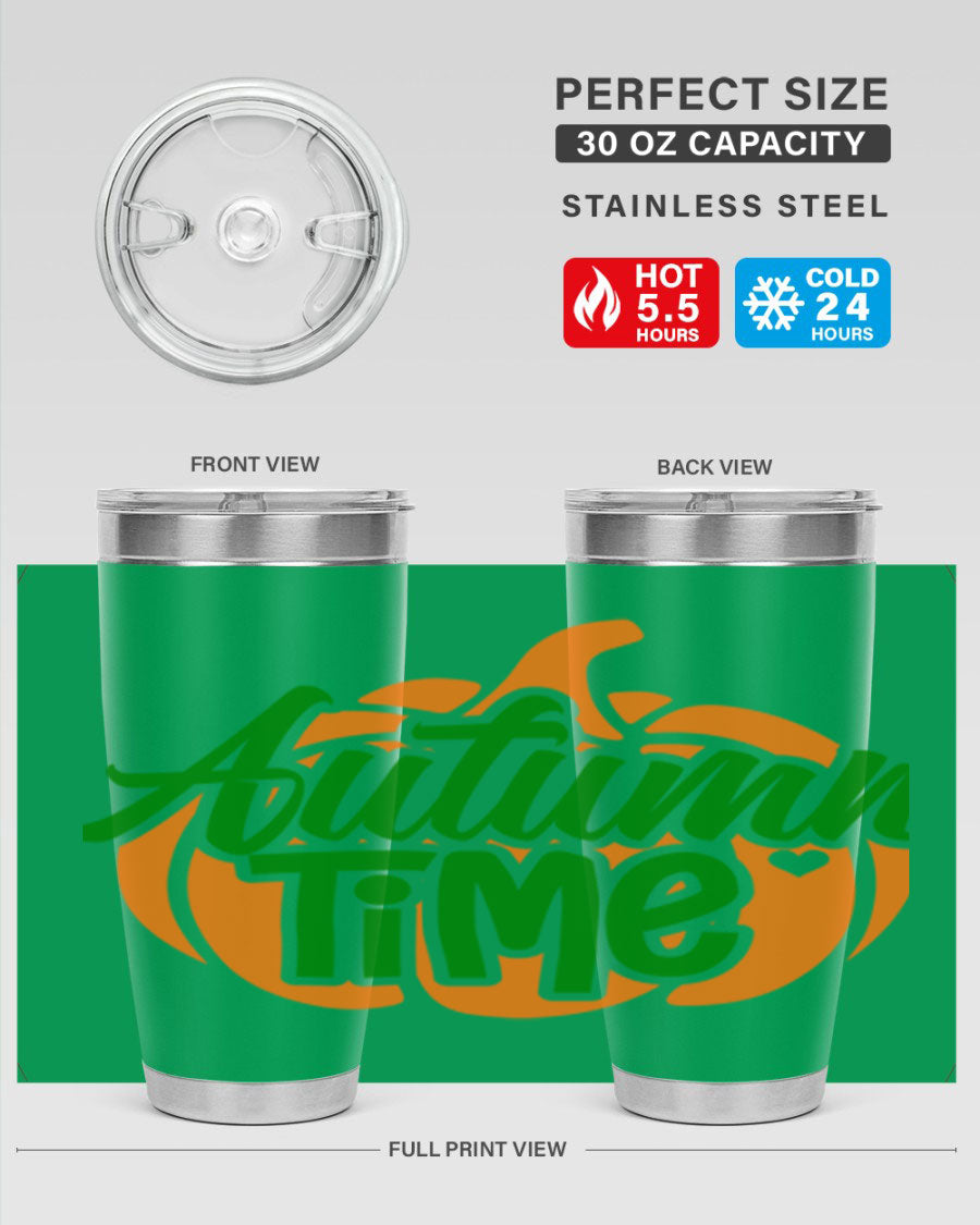 Autumn Time 34# Tumbler in vibrant autumn colors, showcasing its double wall stainless steel design and drink-thru lid.