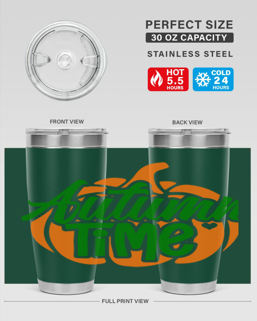 Autumn Time 34# Tumbler in vibrant autumn colors, showcasing its double wall stainless steel design and drink-thru lid.