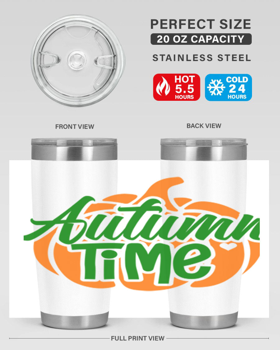 Autumn Time 34# Tumbler in vibrant autumn colors, showcasing its double wall stainless steel design and drink-thru lid.