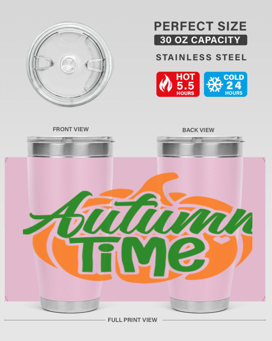 Autumn Time 34# Tumbler in vibrant autumn colors, showcasing its double wall stainless steel design and drink-thru lid.