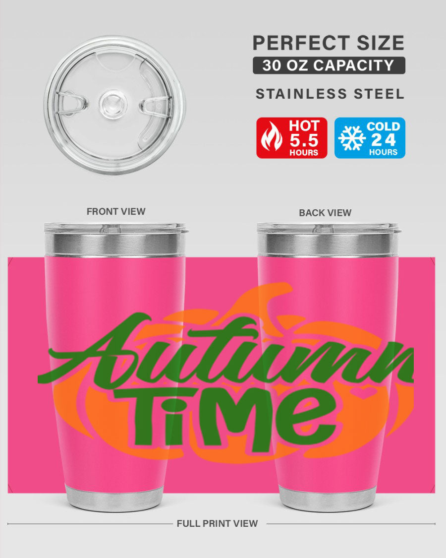 Autumn Time 34# Tumbler in vibrant autumn colors, showcasing its double wall stainless steel design and drink-thru lid.