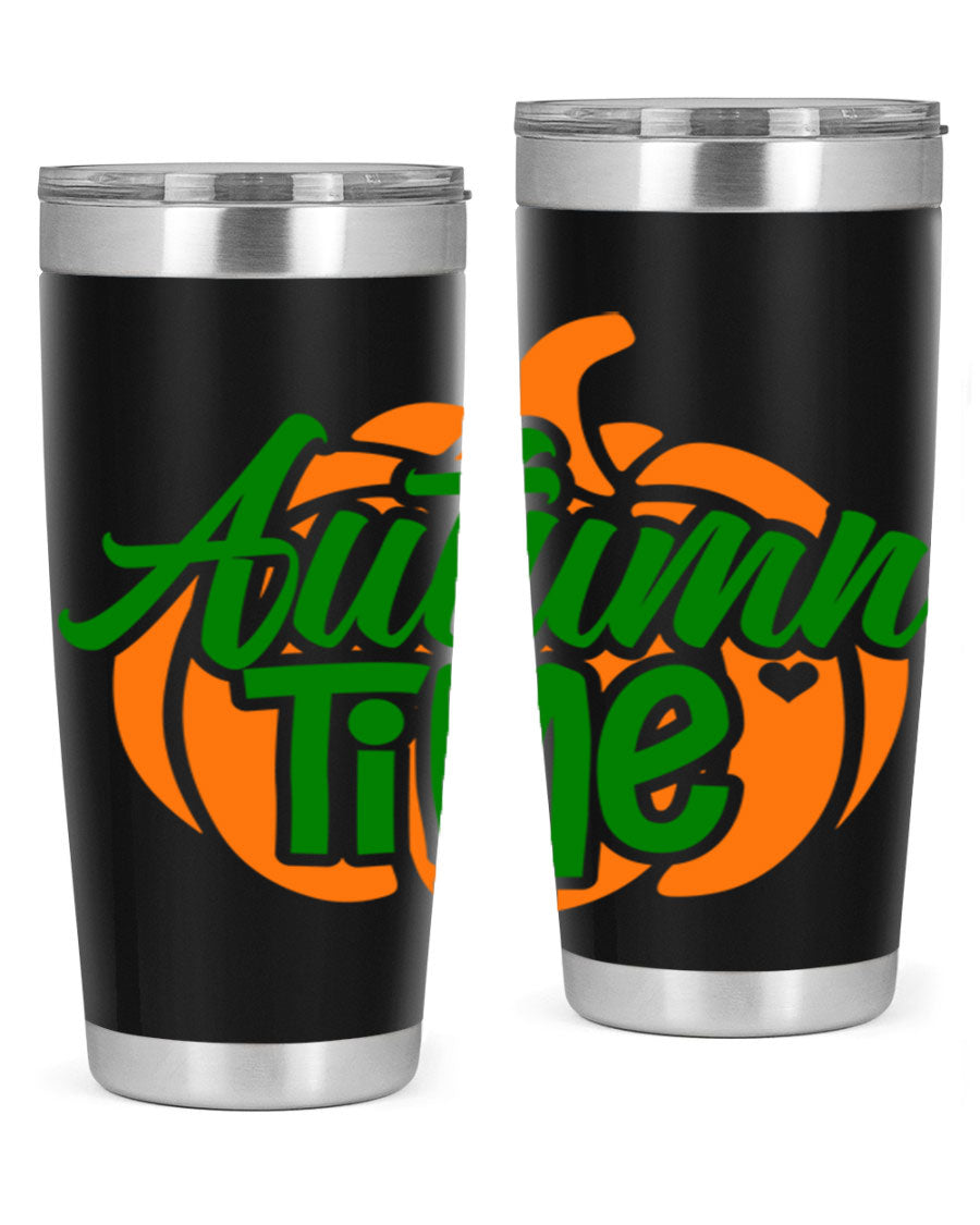 Autumn Time 34# Tumbler in vibrant autumn colors, showcasing its double wall stainless steel design and drink-thru lid.