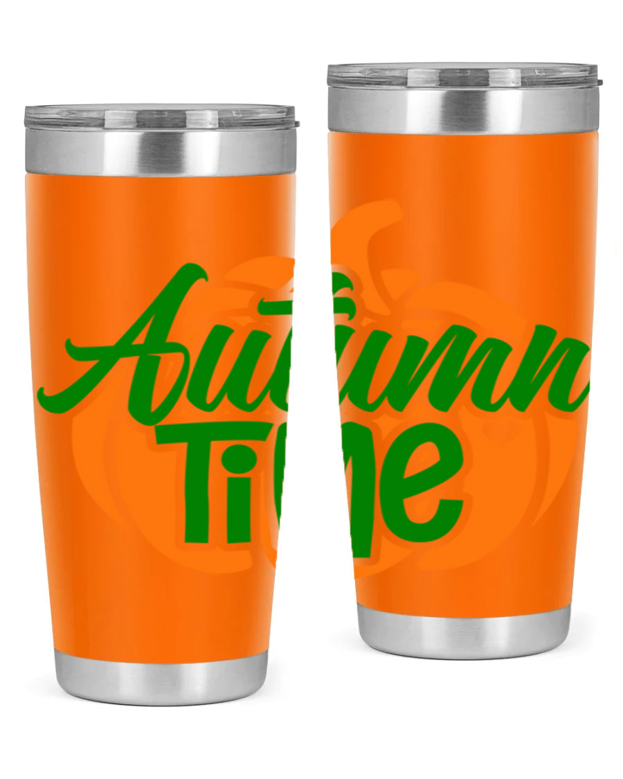 Autumn Time 34# Tumbler in vibrant autumn colors, showcasing its double wall stainless steel design and drink-thru lid.