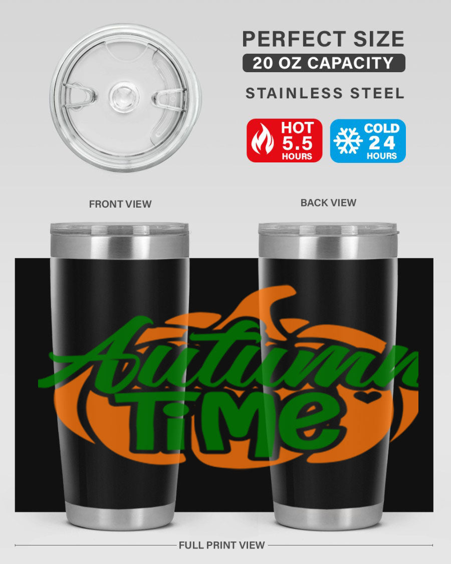 Autumn Time 34# Tumbler in vibrant autumn colors, showcasing its double wall stainless steel design and drink-thru lid.