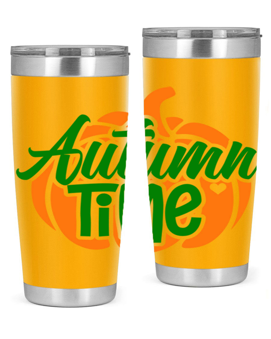 Autumn Time 34# Tumbler in vibrant autumn colors, showcasing its double wall stainless steel design and drink-thru lid.