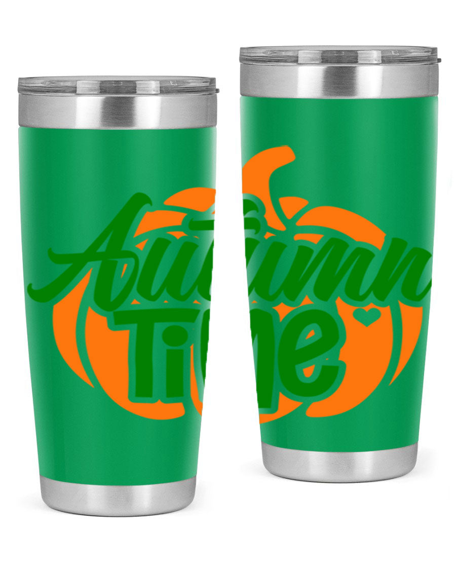 Autumn Time 34# Tumbler in vibrant autumn colors, showcasing its double wall stainless steel design and drink-thru lid.