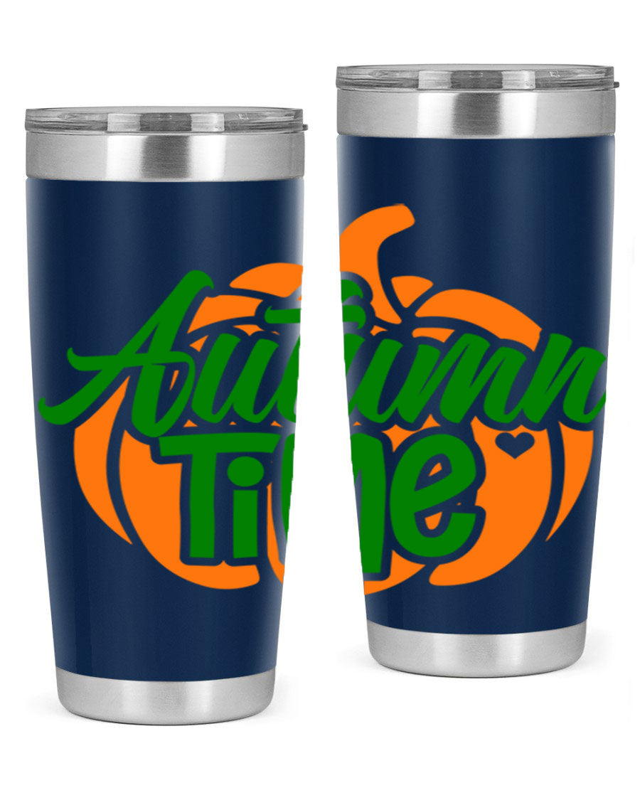 Autumn Time 34# Tumbler in vibrant autumn colors, showcasing its double wall stainless steel design and drink-thru lid.