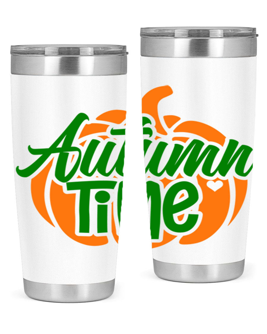 Autumn Time 34# Tumbler in vibrant autumn colors, showcasing its double wall stainless steel design and drink-thru lid.