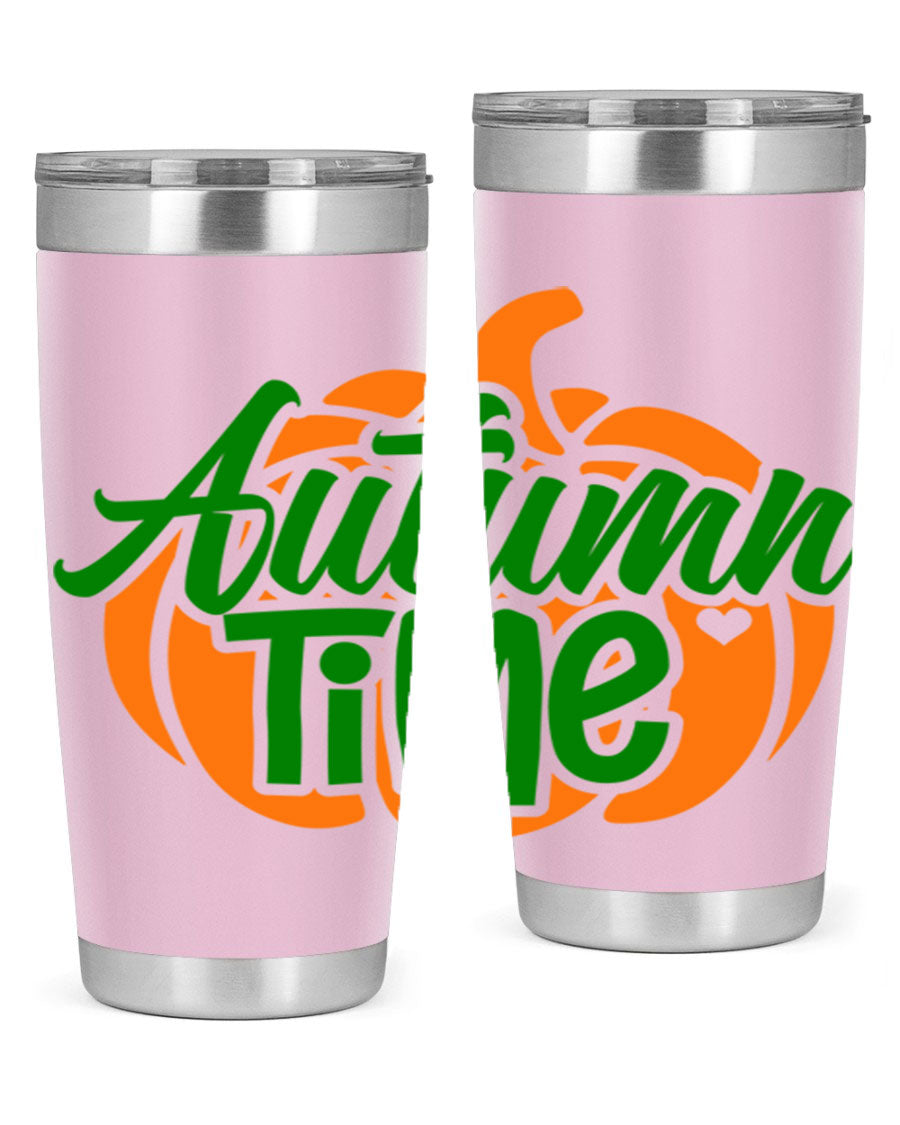 Autumn Time 34# Tumbler in vibrant autumn colors, showcasing its double wall stainless steel design and drink-thru lid.