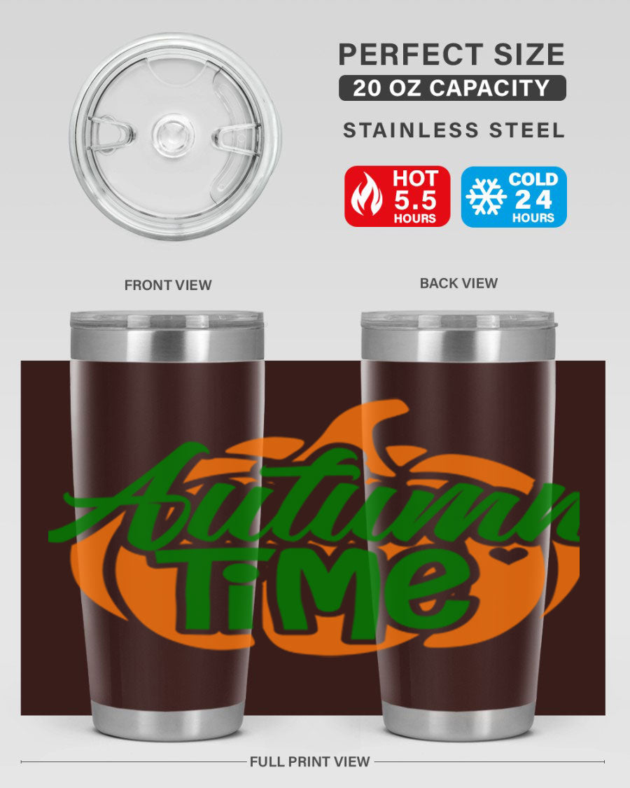 Autumn Time 34# Tumbler in vibrant autumn colors, showcasing its double wall stainless steel design and drink-thru lid.