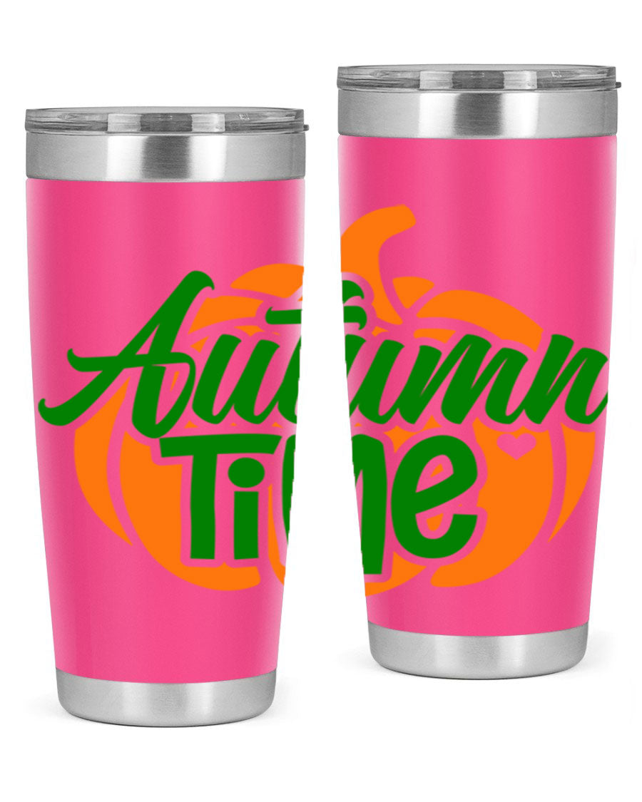 Autumn Time 34# Tumbler in vibrant autumn colors, showcasing its double wall stainless steel design and drink-thru lid.