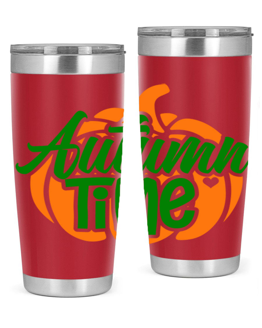 Autumn Time 34# Tumbler in vibrant autumn colors, showcasing its double wall stainless steel design and drink-thru lid.