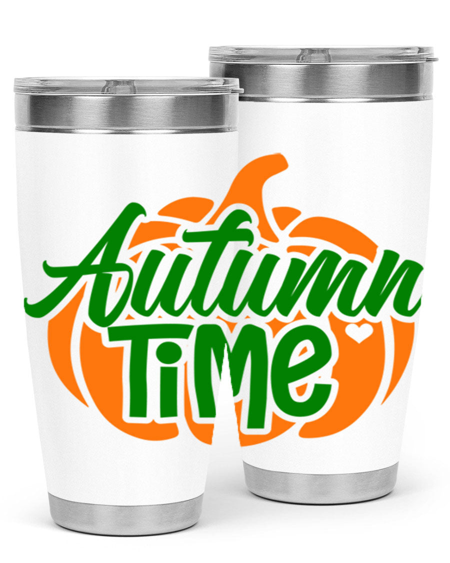 Autumn Time 34# Tumbler in vibrant autumn colors, showcasing its double wall stainless steel design and drink-thru lid.