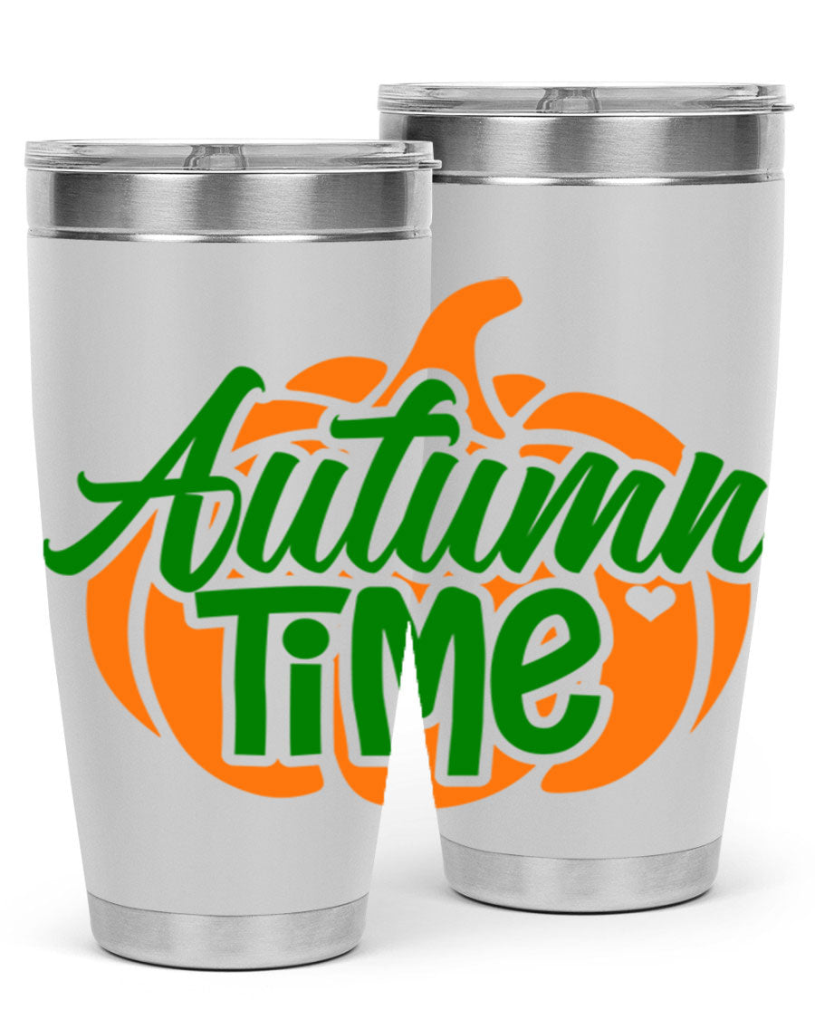 Autumn Time 34# Tumbler in vibrant autumn colors, showcasing its double wall stainless steel design and drink-thru lid.