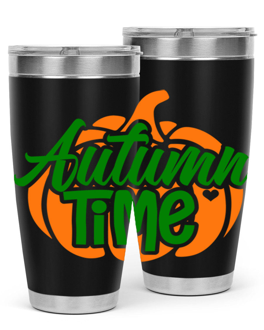 Autumn Time 34# Tumbler in vibrant autumn colors, showcasing its double wall stainless steel design and drink-thru lid.