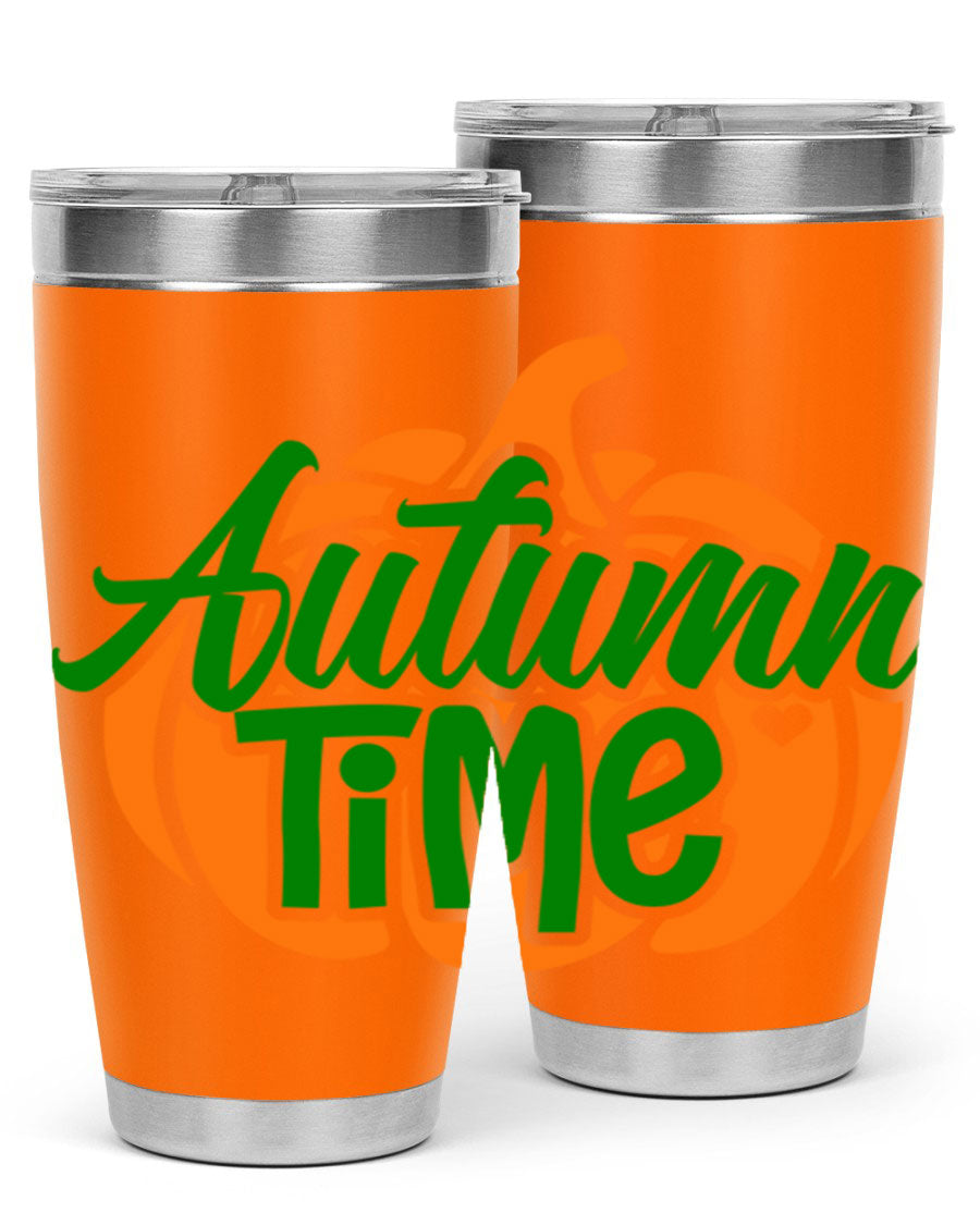 Autumn Time 34# Tumbler in vibrant autumn colors, showcasing its double wall stainless steel design and drink-thru lid.