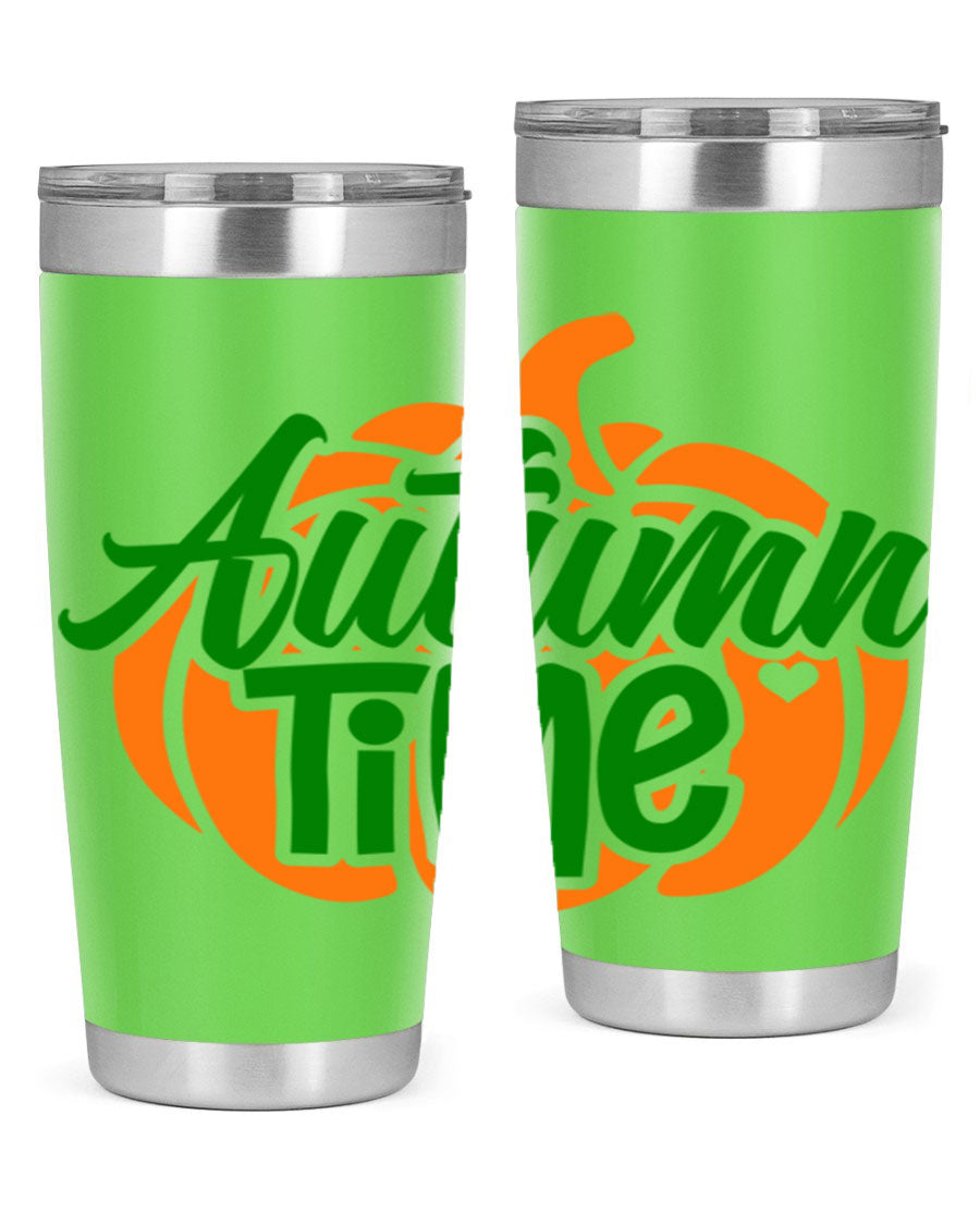 Autumn Time 34# Tumbler in vibrant autumn colors, showcasing its double wall stainless steel design and drink-thru lid.