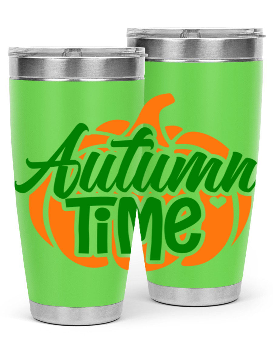 Autumn Time 34# Tumbler in vibrant autumn colors, showcasing its double wall stainless steel design and drink-thru lid.