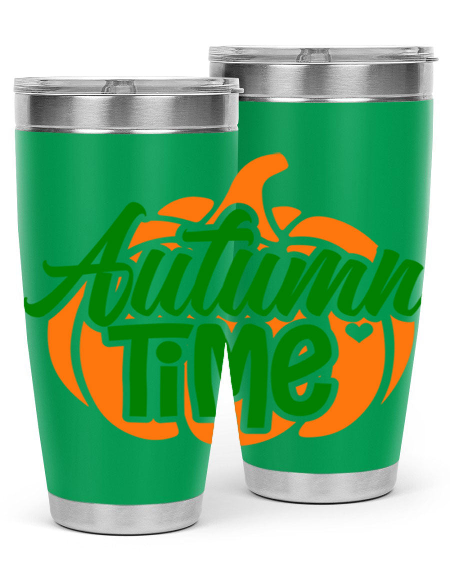 Autumn Time 34# Tumbler in vibrant autumn colors, showcasing its double wall stainless steel design and drink-thru lid.