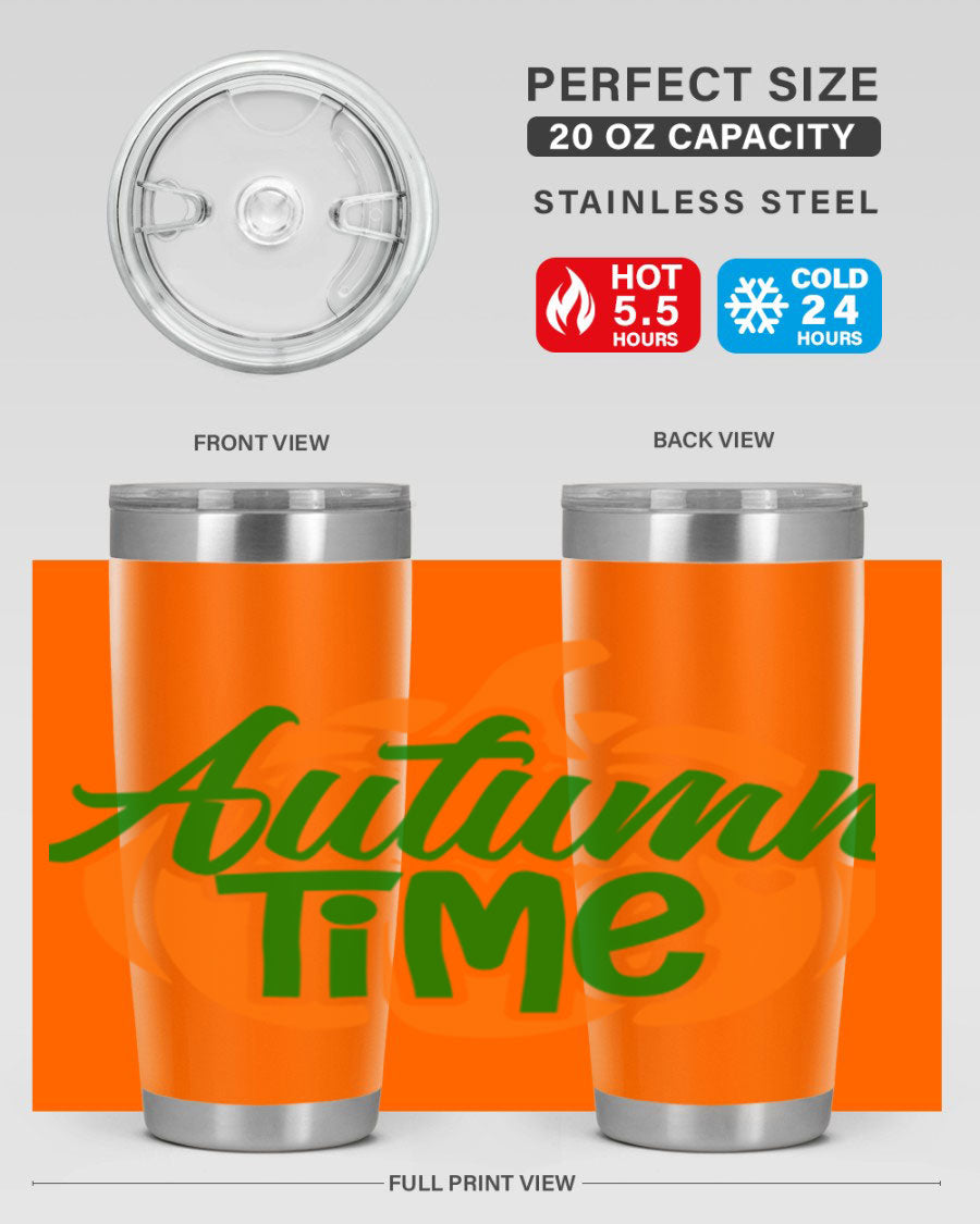 Autumn Time 34# Tumbler in vibrant autumn colors, showcasing its double wall stainless steel design and drink-thru lid.