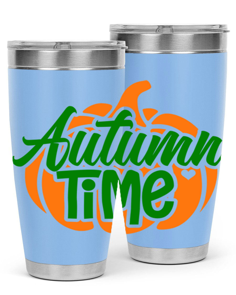 Autumn Time 34# Tumbler in vibrant autumn colors, showcasing its double wall stainless steel design and drink-thru lid.