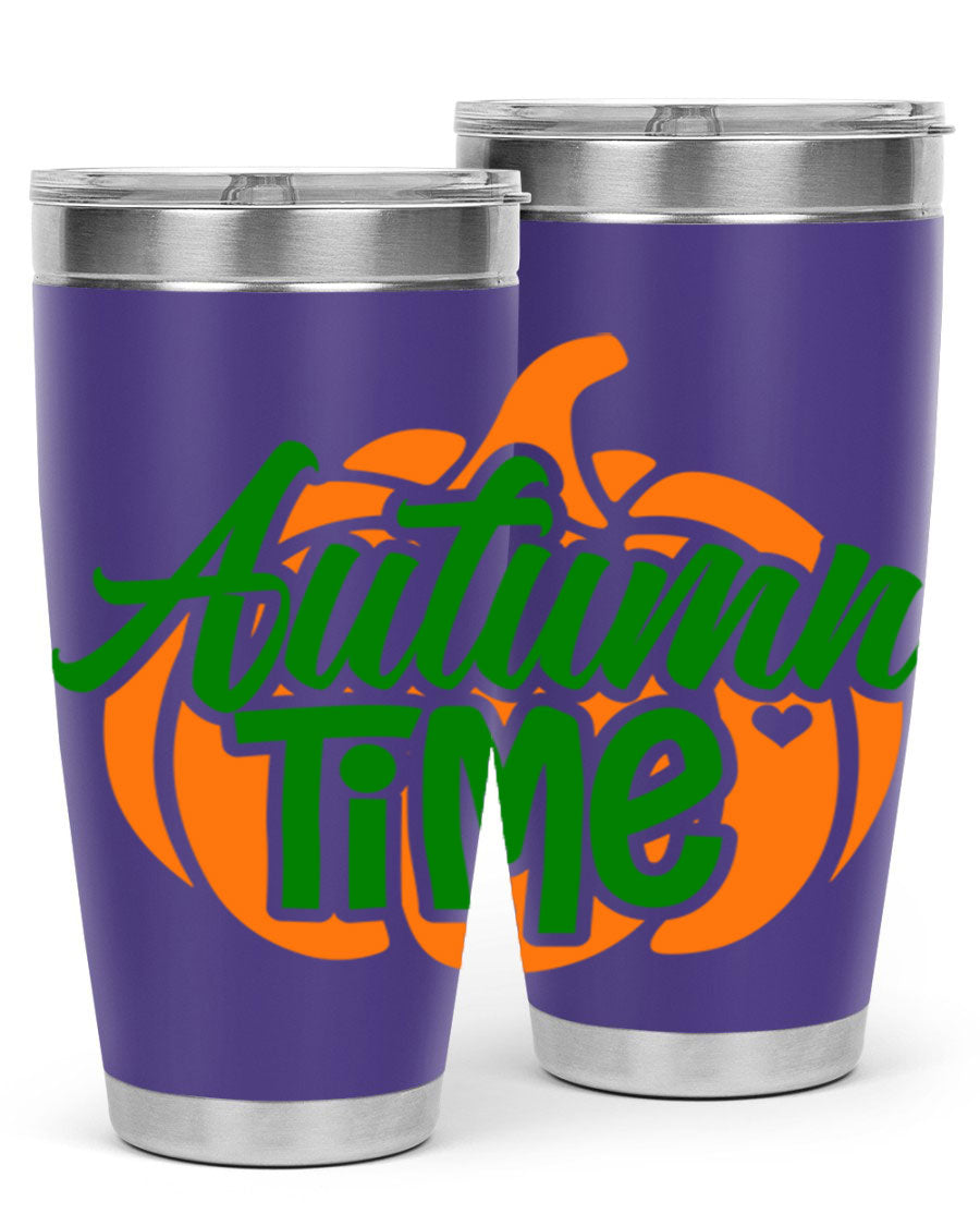 Autumn Time 34# Tumbler in vibrant autumn colors, showcasing its double wall stainless steel design and drink-thru lid.