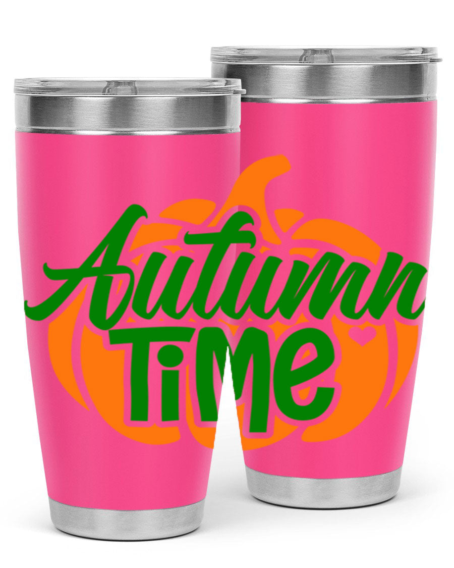 Autumn Time 34# Tumbler in vibrant autumn colors, showcasing its double wall stainless steel design and drink-thru lid.