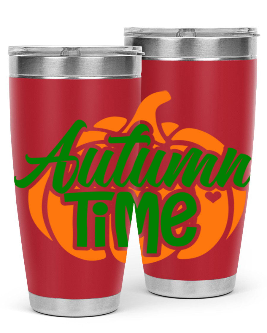 Autumn Time 34# Tumbler in vibrant autumn colors, showcasing its double wall stainless steel design and drink-thru lid.