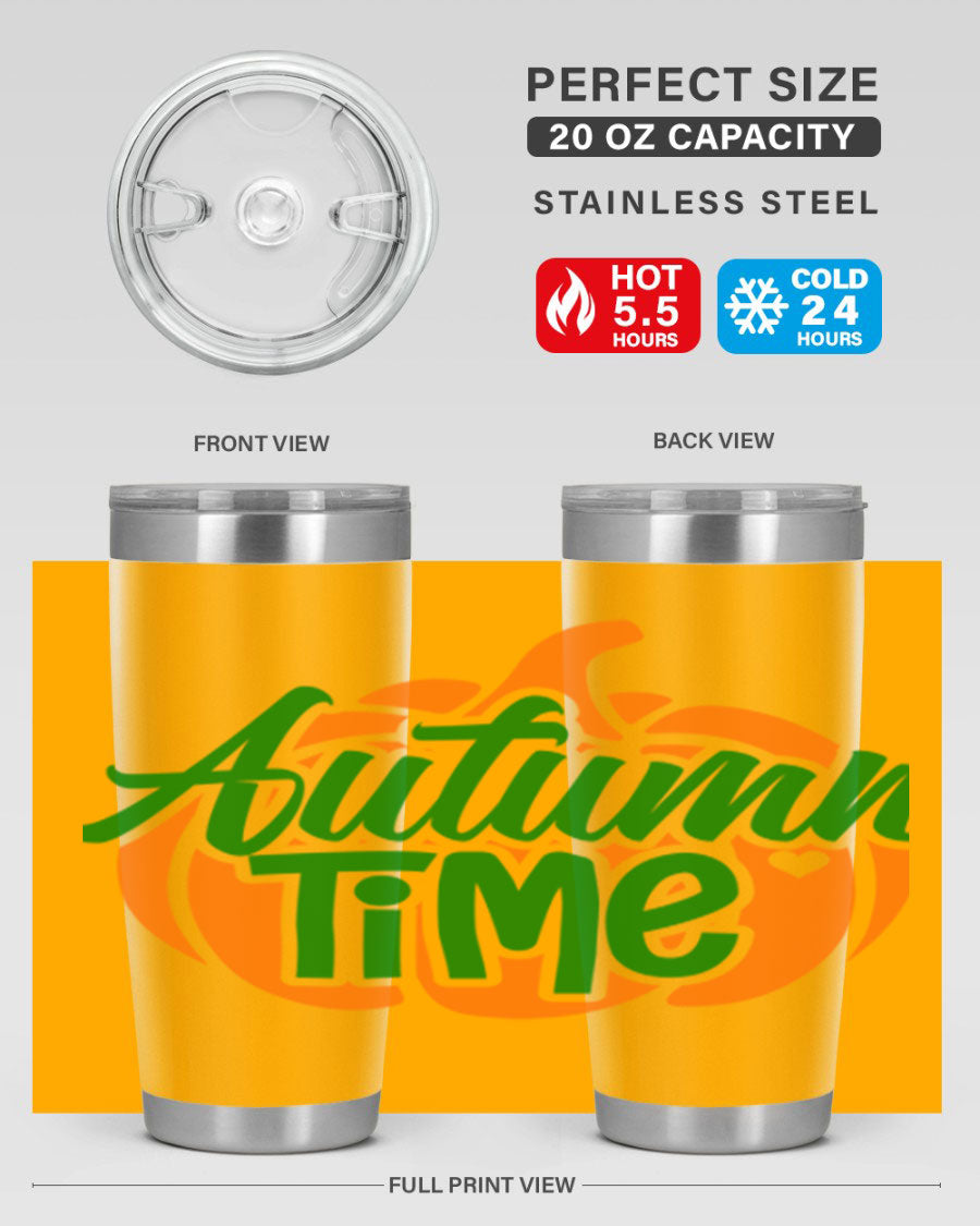 Autumn Time 34# Tumbler in vibrant autumn colors, showcasing its double wall stainless steel design and drink-thru lid.