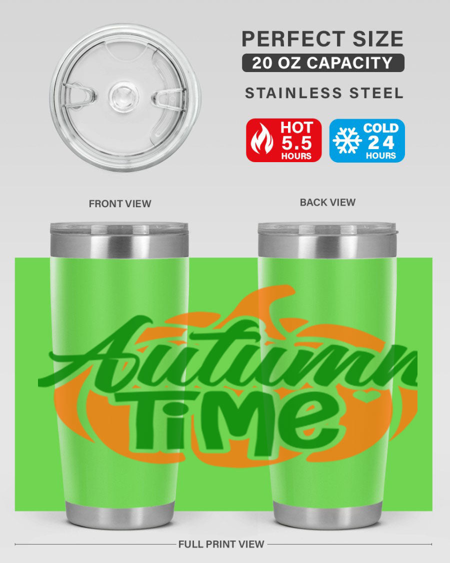 Autumn Time 34# Tumbler in vibrant autumn colors, showcasing its double wall stainless steel design and drink-thru lid.