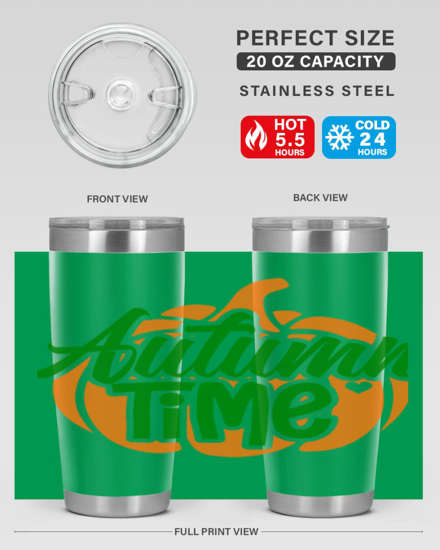 Autumn Time 34# Tumbler in vibrant autumn colors, showcasing its double wall stainless steel design and drink-thru lid.