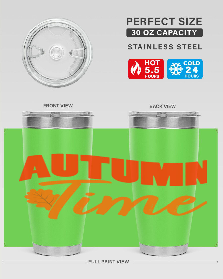 Autumn Time Design 33# 20oz Tumbler featuring vibrant fall colors and a stainless steel finish, ideal for hot and cold beverages.