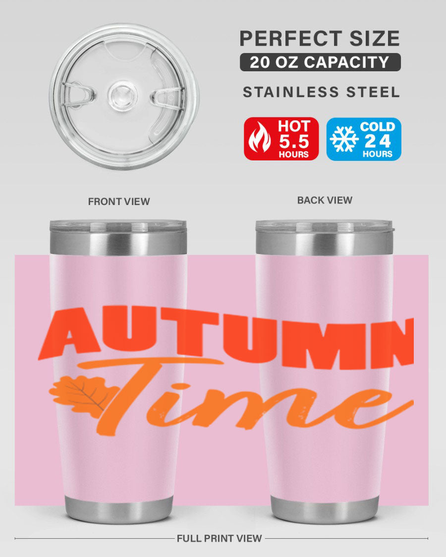 Autumn Time Design 33# 20oz Tumbler featuring vibrant fall colors and a stainless steel finish, ideal for hot and cold beverages.