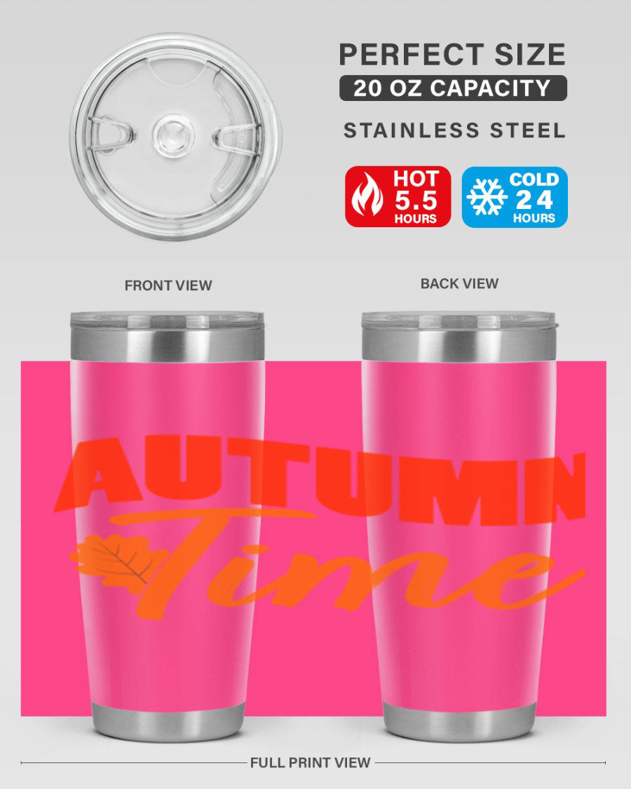 Autumn Time Design 33# 20oz Tumbler featuring vibrant fall colors and a stainless steel finish, ideal for hot and cold beverages.