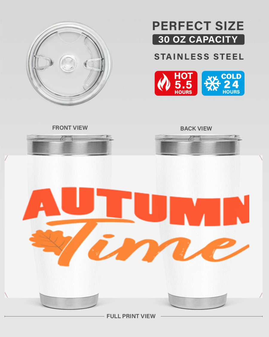 Autumn Time Design 33# 20oz Tumbler featuring vibrant fall colors and a stainless steel finish, ideal for hot and cold beverages.