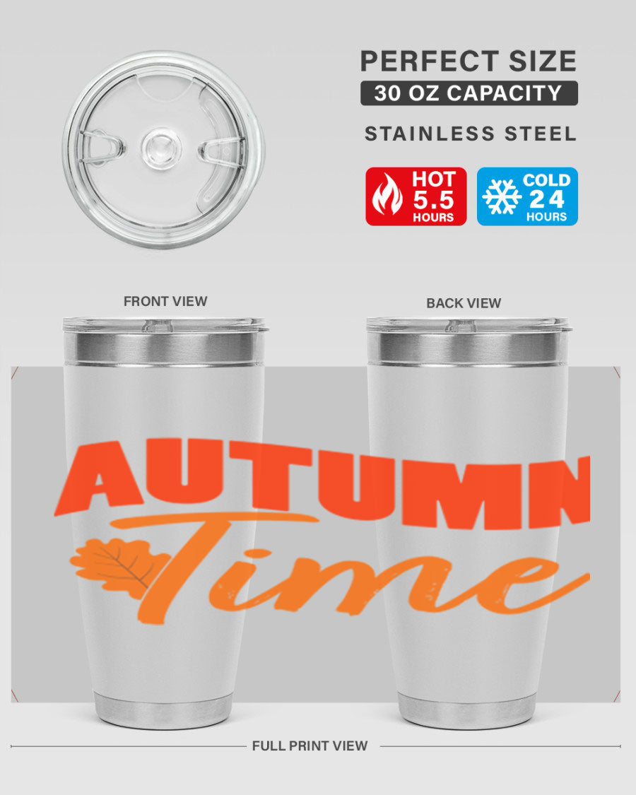 Autumn Time Design 33# 20oz Tumbler featuring vibrant fall colors and a stainless steel finish, ideal for hot and cold beverages.