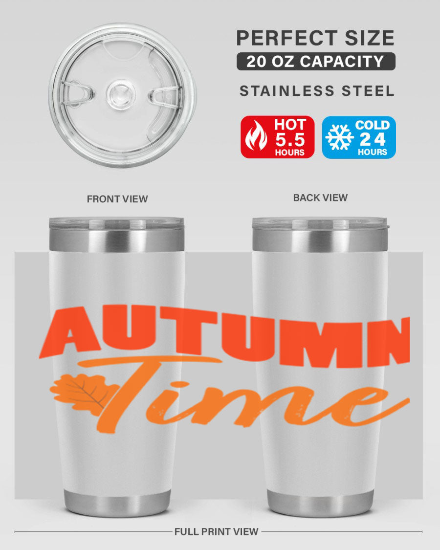 Autumn Time Design 33# 20oz Tumbler featuring vibrant fall colors and a stainless steel finish, ideal for hot and cold beverages.