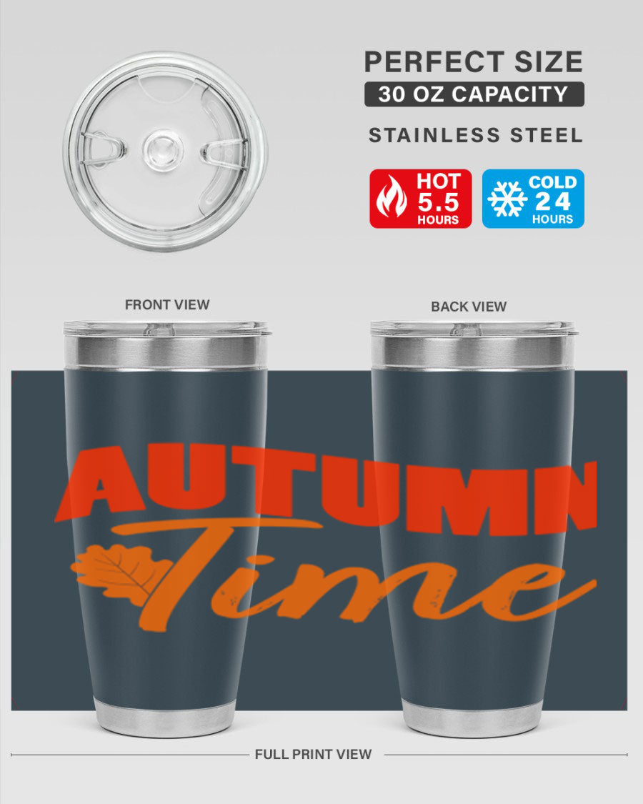 Autumn Time Design 33# 20oz Tumbler featuring vibrant fall colors and a stainless steel finish, ideal for hot and cold beverages.