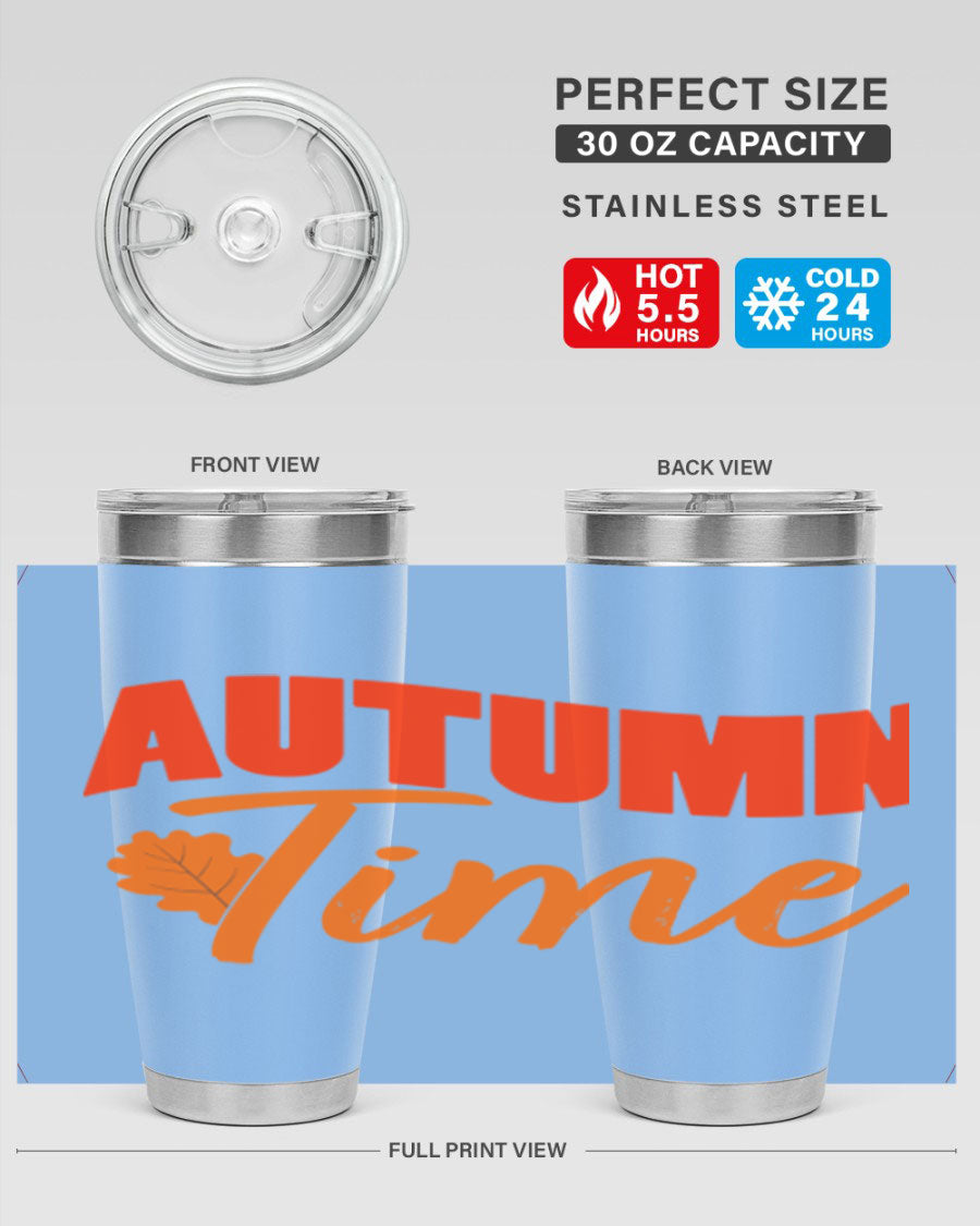 Autumn Time Design 33# 20oz Tumbler featuring vibrant fall colors and a stainless steel finish, ideal for hot and cold beverages.